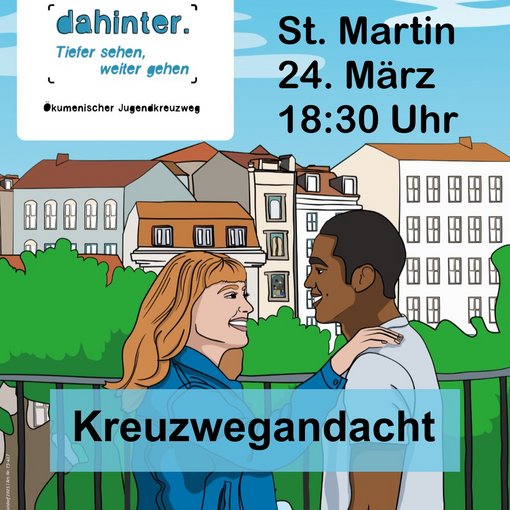 Eine Frau und ein Mann stehen vor einer Parkbank. Die Frau hat die Hand auf der Schulter des Mannes. Im Hintergrund ist ein Park und eine Häuserreihe zu sehen.